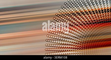 Abstract artwork featuring a dense curved array of spheres contrasted against vibrant, multi-colored light streaks and motion blur. Stock Photo