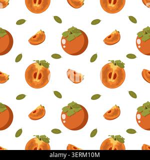 Seamless pattern of persimmons with green leaves on white background, including whole fruits, halves, and slices, fresh and colorful design for Stock Vector