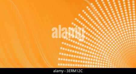 A vibrant orange abstract background characterized by smooth, flowing lines on the left and a radiating pattern of glowing dots on the right. Stock Photo