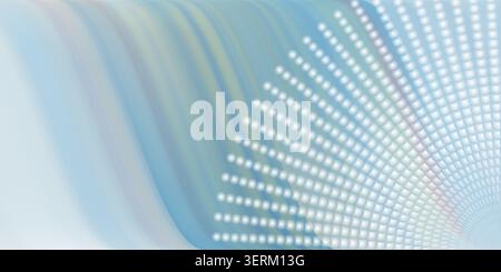 An abstract digital art background featuring soft, flowing blue and light green waves on the left, transitioning into a radial pattern of white sphere Stock Photo