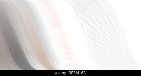 Abstract background featuring smooth neutral-toned flowing lines and a pattern of glowing dots, creating a sophisticated digital wave effect on white. Stock Photo