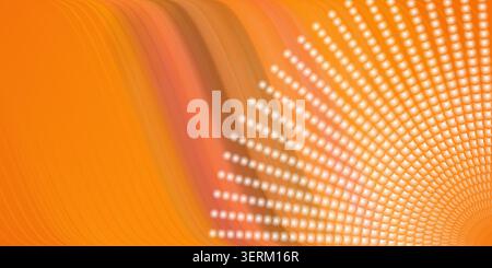 Abstract background featuring smooth, flowing orange waves on the left and a radiating pattern of glowing white dots on the right, modern design. Stock Photo