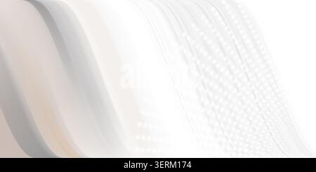 An abstract digital background featuring smooth, flowing white and grey curves on the left transitioning into a structured pattern of glowing spheres Stock Photo