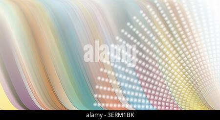 A vibrant, multi-colored abstract background featuring flowing, layered waves and a structured radial grid of glowing white spheres on the right. Stock Photo