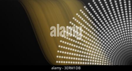 Abstract dark background featuring flowing golden waves and a structured pattern of silver spheres radiating from the corner. Stock Photo