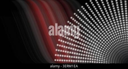 An abstract digital art background featuring flowing dark red and black waves on the left, transitioning into a radiating pattern of white spheres. Stock Photo