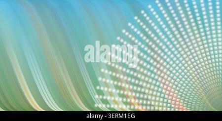 An abstract digital art background featuring soft, flowing teal and blue waves on the left and a radiating pattern of glowing white spheres on the rig Stock Photo