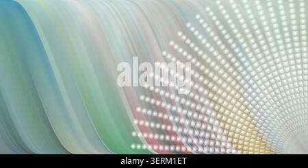An abstract digital art background featuring soft, flowing multicolored waves on the left, transitioning into a radiating pattern of white spheres. Stock Photo