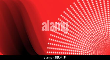 An abstract digital art background featuring flowing dark red wavy lines on the left and a radiating pattern of glowing white dots on the right. Stock Photo