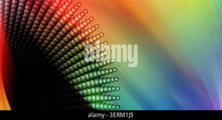 An abstract digital composition featuring a curved, radiating pattern of glowing spheres against a textured, light-filled background. Stock Photo