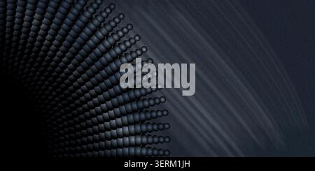 Dark and mysterious abstract background featuring a dense pattern of dark gray spheres on the left, transitioning into a textured black space with sub Stock Photo