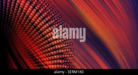 A high-energy abstract image featuring a curved array of dark red spheres against a background of intense, sweeping red and orange motion lines. Stock Photo