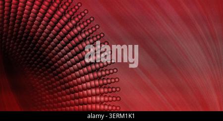 An abstract image featuring a curving pattern of dark red spheres on one side and a textured, flowing red background with radiating lines. Stock Photo
