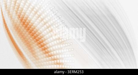 An artistic abstract background showing a curved, radial formation of glowing spheres with orange highlights on a soft, textured, light grey gradient. Stock Photo