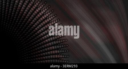 A moody, dark abstract image showing a curved grid of spheres emerging from a black void, complemented by subtle, flowing diagonal light rays. Stock Photo