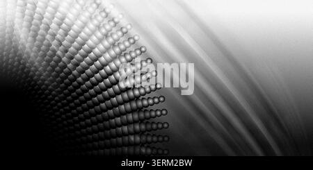 An abstract composition in shades of gray, featuring a dense grid of spheres forming a curved shape against a background of soft, diagonal light rays. Stock Photo