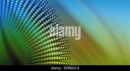 A vibrant abstract composition featuring a curved array of spheres transitioning from blue to green, set against a soft, textured gradient background. Stock Photo