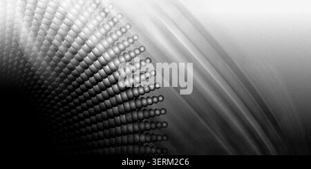 A black and white abstract image displaying a repeating pattern of spheres arranged in a sweeping curve, contrasted by soft, flowing light streaks. Stock Photo