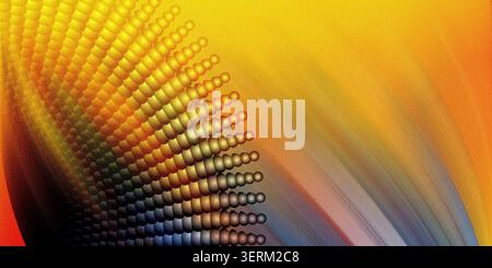 An abstract digital artwork dominated by warm yellow and orange tones, featuring a curved pattern of spheres and flowing light streaks. Stock Photo