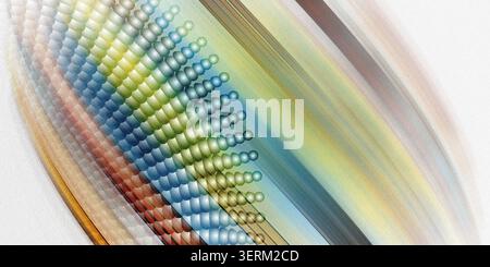 A high-resolution abstract digital artwork showing a curved, radiating pattern of small spheres transitioning into soft, flowing light streaks. Stock Photo