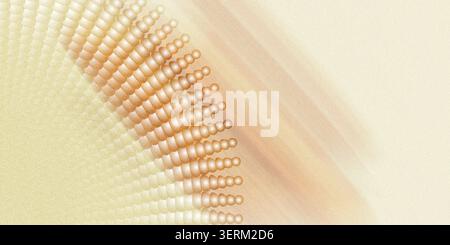 An abstract digital composition featuring a curved, radiating pattern of glowing spheres in warm gold and beige tones against a textured background. Stock Photo