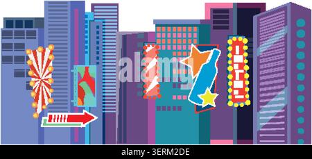 Colorful urban landscape vector with stylized skyscrapers and bright illuminated advertising signs on white background. Stock Vector
