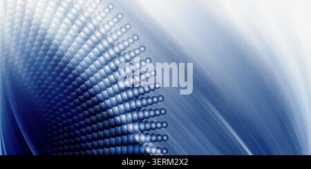 An abstract composition featuring a curved arrangement of blue spheres on the left, blending into soft, flowing light streaks on a blue and white grad Stock Photo