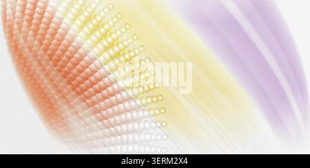 A vibrant abstract design featuring a curved pattern of orange and yellow spheres on the left, blending into soft purple and yellow light streaks. Stock Photo