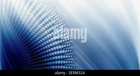 An abstract digital art composition featuring a curved, radiating pattern of glowing blue spheres against a textured, light-to-dark blue gradient back Stock Photo