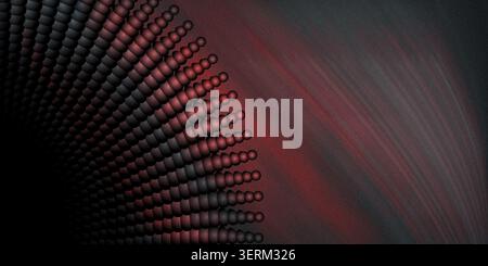 An abstract background featuring a curved array of dark spheres transitioning from black to red, with a textured, grainy finish and light streaks. Stock Photo