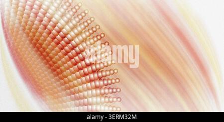 An abstract digital art composition featuring a curved, radiating pattern of glowing orange and yellow spheres against a textured, warm-toned gradient Stock Photo