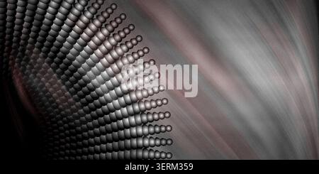 A sophisticated abstract design showing a curved radial arrangement of spheres against a dark, textured background with subtle metallic light streaks. Stock Photo