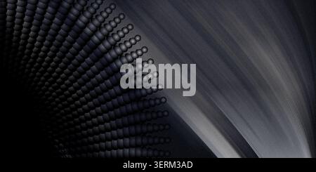 An abstract digital art composition featuring a radial arrangement of dark spheres emerging from a deep black void, with subtle light streaks. Stock Photo