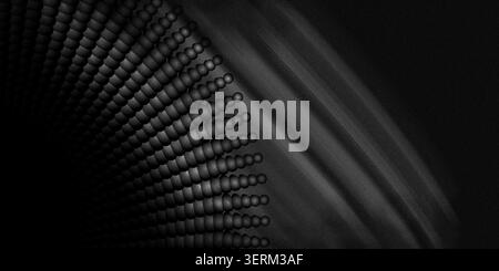 A dark, textured abstract composition featuring a radial pattern of spheres transitioning into smooth, flowing curved lines with a grainy aesthetic. Stock Photo