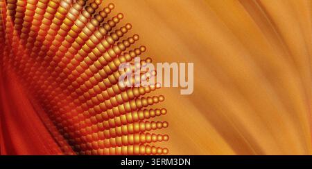 An abstract graphic design showcasing a curved, radial arrangement of glowing orbs set against a textured, warm orange background with soft diagonal l Stock Photo