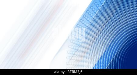 A vibrant abstract composition featuring a blue circular sphere pattern transitioning into a clean white background with diagonal light streaks. Stock Photo