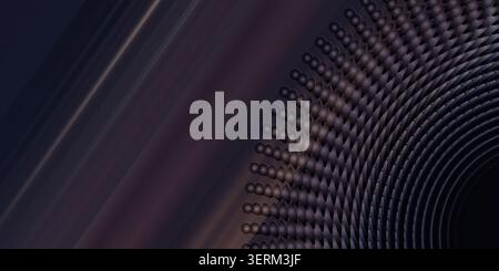 A dark, sophisticated background featuring a geometric arrangement of spheres forming a circular arc, with subtle diagonal light streaks. Stock Photo