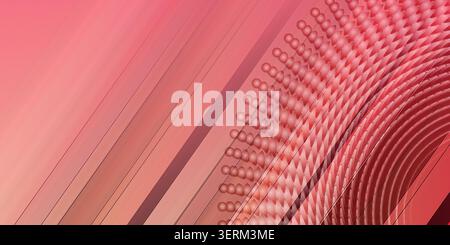 A vibrant abstract composition featuring a circular arrangement of spheres on the right, set against a background of dynamic diagonal red and pink lin Stock Photo