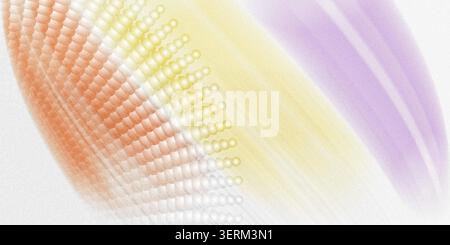 An abstract digital artwork featuring a curved grid of glowing orange and yellow spheres against a soft purple and white textured background. Stock Photo