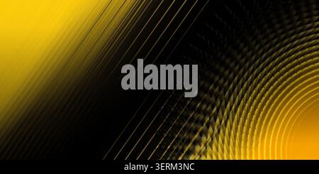 A high-contrast abstract background featuring a dark central area with golden diagonal lines and a repeating spherical structure on the right side. Stock Photo