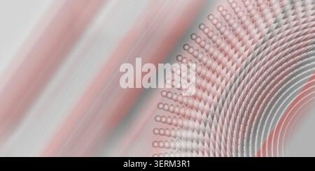 An abstract background with a light, soft aesthetic, featuring a curved pattern of spheres and delicate pink diagonal light streaks. Stock Photo