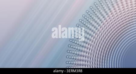 An artistic 3D visualization showing a curved array of spheres arranged in a radial pattern, featuring soft purple and blue light gradients. Stock Photo