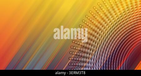 A vibrant and colorful abstract background blending warm orange and deep purple tones, featuring a complex pattern of spheres and sweeping lines. Stock Photo