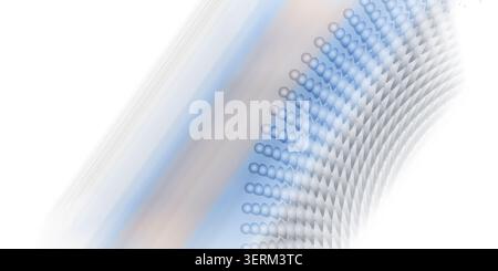 A minimalist 3D abstract composition featuring a curved row of spherical particles and geometric patterns, rendered with soft blue and grey gradients. Stock Photo