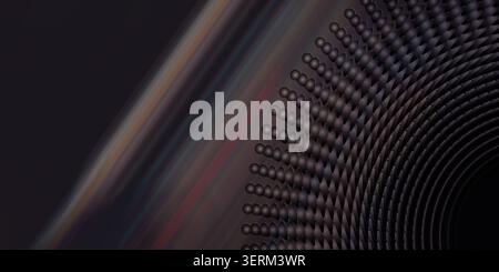 A sophisticated dark abstract background with a radial arrangement of spheres and elegant diagonal motion-blurred streaks in deep tones. Stock Photo
