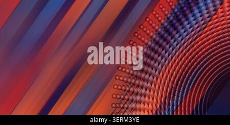 A dynamic abstract background featuring a radial pattern of spheres over a multi-colored diagonal striped gradient of blue, orange, and red. Stock Photo