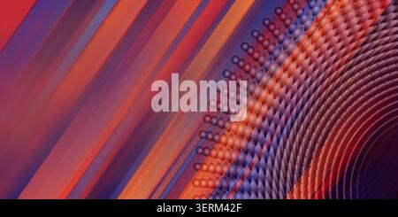 A dynamic abstract background featuring diagonal gradient lines in purple and orange, transitioning into a curved, repeating pattern of 3D spheres. Stock Photo