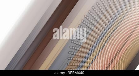 A complex abstract image featuring layers of diagonal bands in varying earth tones and metallic textures, punctuated by a row of 3D spherical objects. Stock Photo