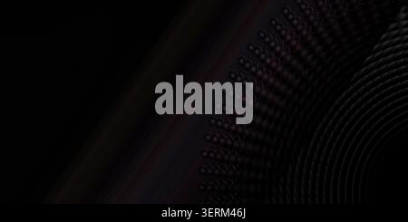 A dark, moody digital abstract background showcasing a radial arrangement of spheres and geometric forms with subtle deep purple and black lighting. Stock Photo