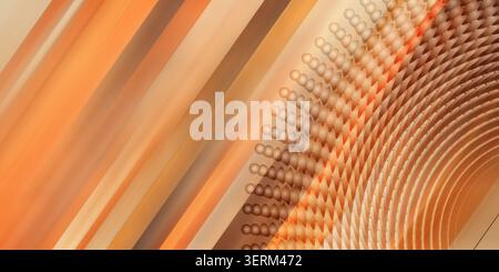 An abstract digital background featuring diagonal stripes transitioning into a textured pattern of circular spheres and curved lines in shades of oran Stock Photo